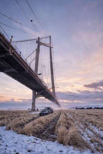 a car that is driving under a bridge in the snow