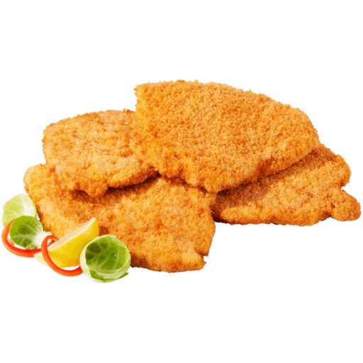 there are three pieces of breaded chicken with a slice of lime on the