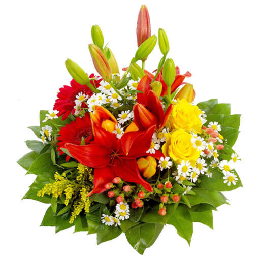 brightly colored flowers are arranged in a bouquet on a white background