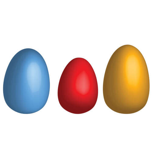 three colored easter eggs on a white background