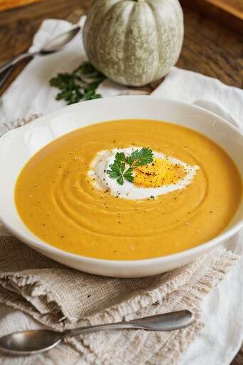 A Bowl Of Soup With A Spoon And A Pumpkin In The Background