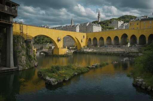 A Bridge Over A River With A Yellow Building In The Background