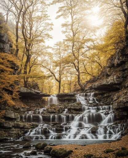 A Waterfall Surrounded By Trees In The Fall