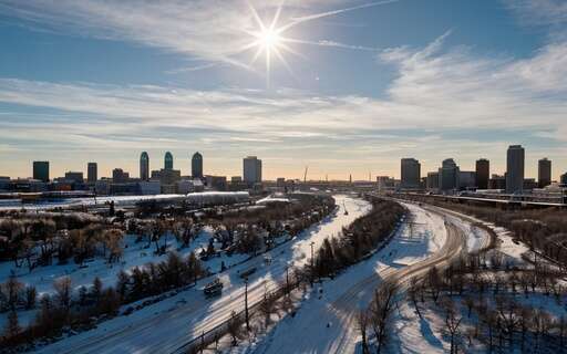 red river curving through winnipeg on a sunny winter day