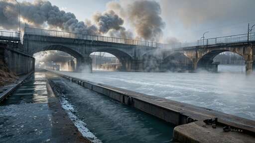 steaming winter water under train bridge