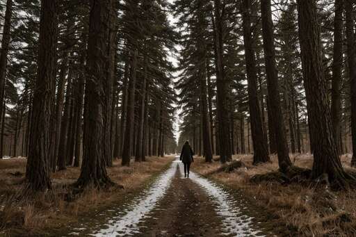 walking down forest path in winter