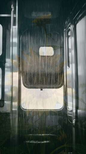 inside of a train with rain coming down
