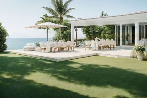 patio with tables and umbrellas overlooking the ocean