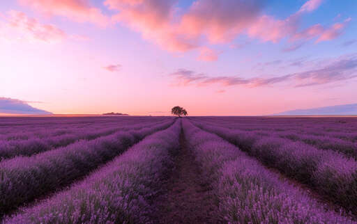 lavender field at sunset with lone tree