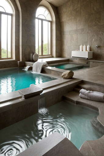 A Large Indoor Pool With A Waterfall Coming Out Of It