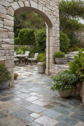 A Stone Patio With A Table And Chairs In The Background