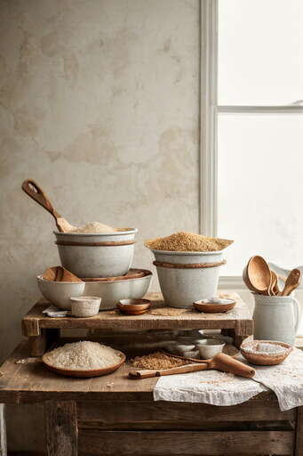 A Wooden Table Topped With Bowls Of Food And Wooden Utensils