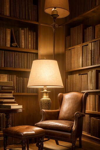 Leather Chair And Ottoman In A Library With Bookshelves And A Lamp