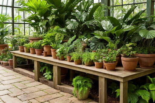 Many Potted Plants On A Wooden Bench In A Greenhouse