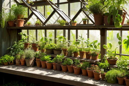 Many Potted Plants Sitting On A Shelf In A Greenhouse 03