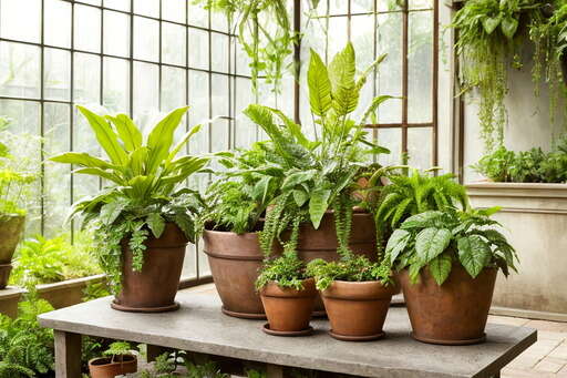 Many Potted Plants Sitting On A Table In A Greenhouse 02