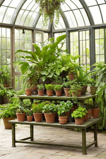 Many Potted Plants Sitting On A Table In A Greenhouse