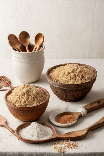 Several Wooden Spoons And Bowls Filled With Different Types Of Food