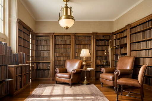 Two Chairs In A Library With Bookshelves And A Lamp