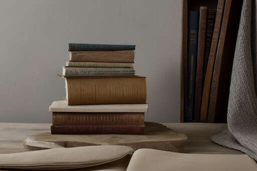 A Stack Of Books Sitting On Top Of A Table Next To A Chair