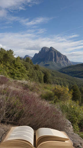 An Open Book Sitting On A Rock With A Mountain In The Background