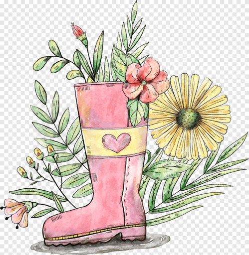 watercolor spring and flower filled garden boot